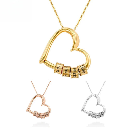Personalized heart necklace for women featuring customizable name beads in gold, rose gold, and silver finishes